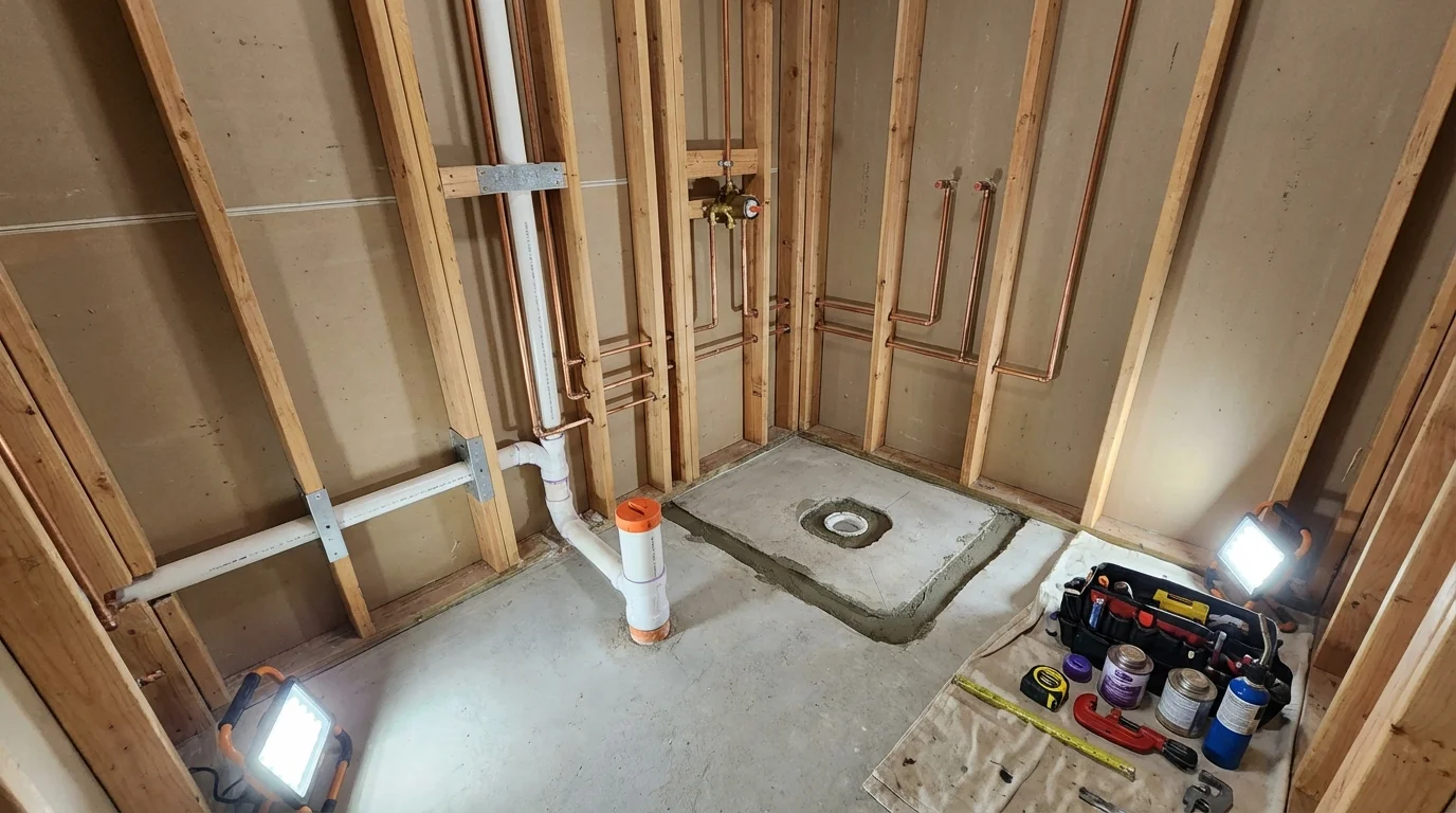 Bathroom rough-in plumbing during remodel by Johns Plumbing LLC in Topsfield