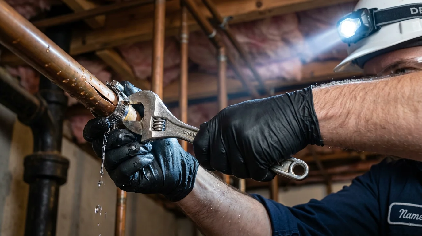 Emergency pipe clamp repair being performed by a Johns Plumbing LLC plumber in Topsfield