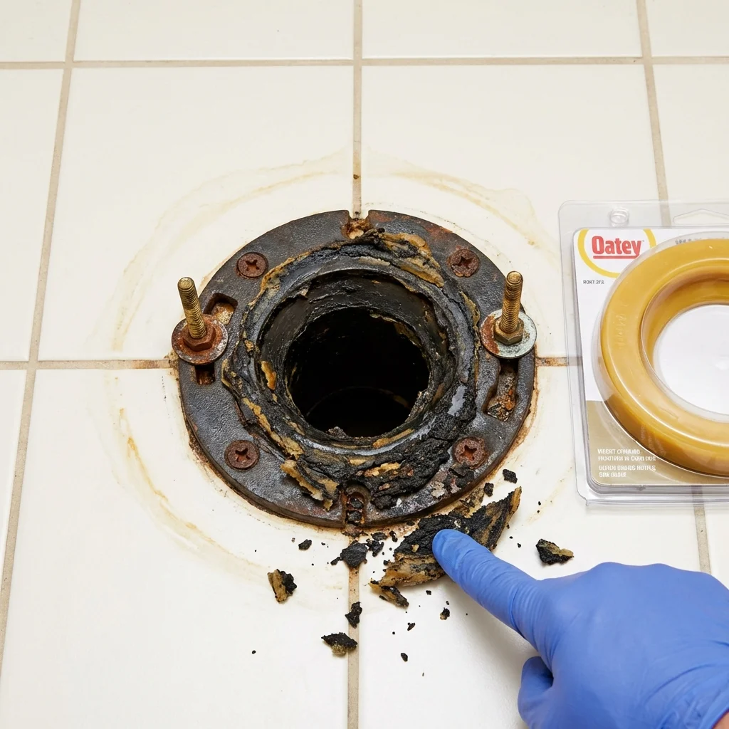 Failed wax ring showing water seepage at the base of a toilet in a Topsfield, MA home