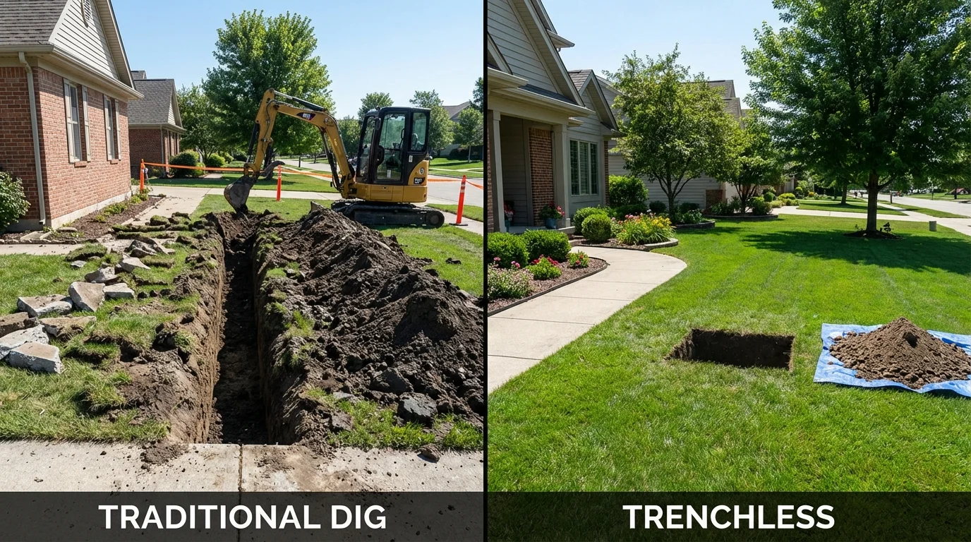 Trenchless sewer repair with minimal yard damage versus traditional excavation in Topsfield, MA