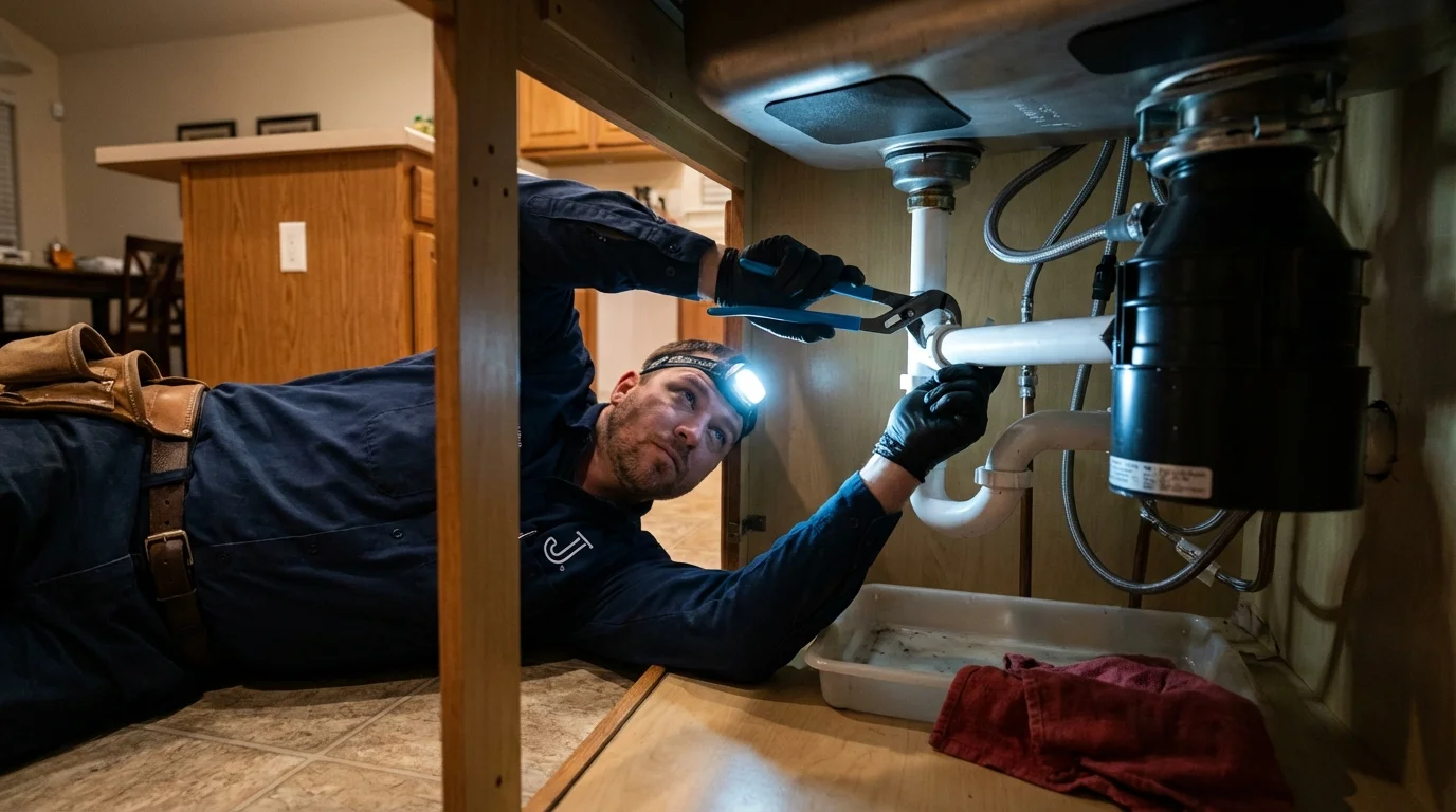 P-trap and supply line connections under a kitchen sink showing a common leak point in Topsfield, MA